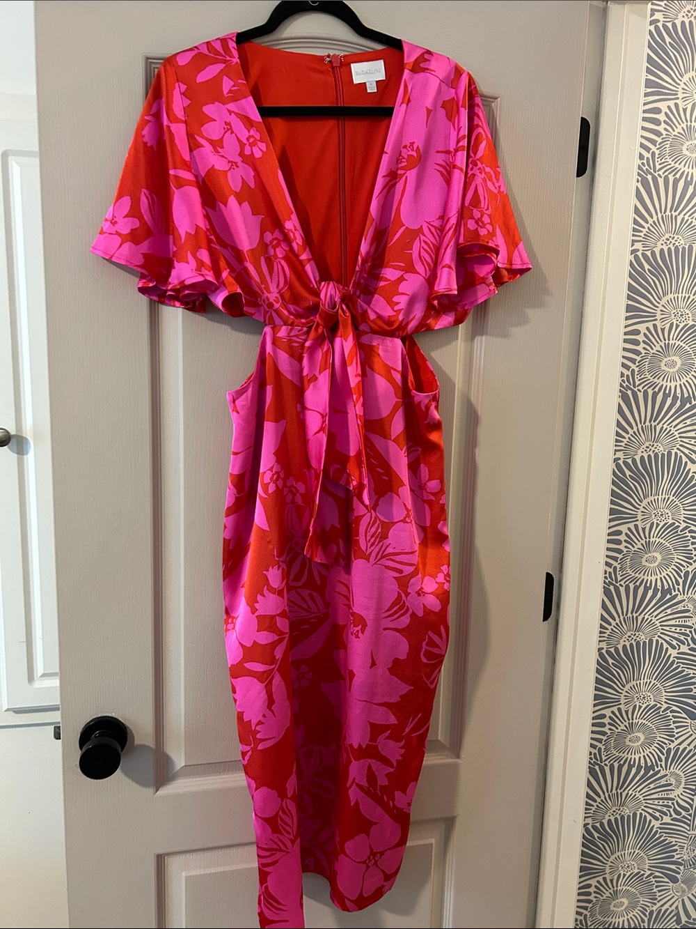 Sugarlips Pink & Red Floral Tie-Front Midi Dress